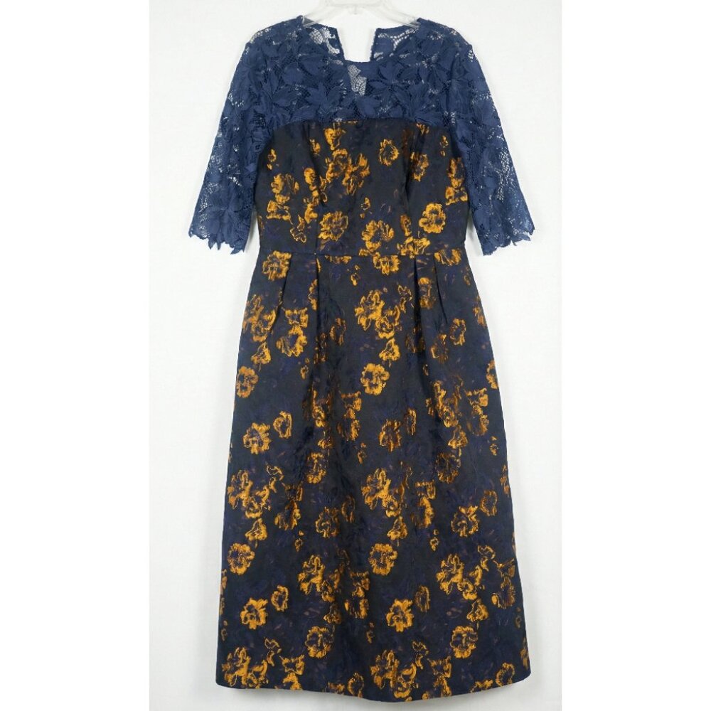 Kay Unger New York Dress Size 12 Navy Blue Gold Metallic Floral Brocade Lace